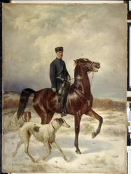 El Cazador (El Cazador). A caballo y acompañado de sus perros Barzoi (galgo ruso). Pintura de Nikolai Yegorovich Sverchkov (Nicolas Swertschkoff) (1817-1898), óleo sobre lienzo. arte ruso