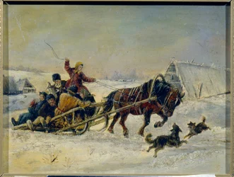 Mardi Gras (carnaval). (Después de las fiestas, una mujer acompaña a los borrachos en su trineo tirado por caballos). Pintura de Nikolai Yegorovich Sverchkov (Nicolas Swertschkoff) (1817-1898), óleo sobre lienzo. arte ruso
