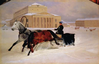 Par de postes con un caballo de tiro en el Teatro Bolshoi en Moscú, 1852