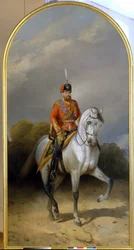 Retrato del Emperador Alejandro III (1845-1894) en uniforme del Regimiento de Hussard de la Guardia Imperial. (Retrato del emperador Alejandro III (1845-1894) con el uniforme del regimiento de húsares de la Guardia Leib). Pintura de Nikolai Yegorovich Sver