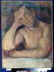 Portrait du poete Benedikt Livchits (1886-1939) (Retrato del poeta Benedikt Livshits) - Represente torse nu, la tete penchee, posee dans sa main - Oeuvre de Nikolai Ivanovich Kulbin (Nicolas Koulbine) (1868-1917), pastel sur papier