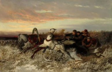 Trineo tirado por caballos, perseguido por lobos