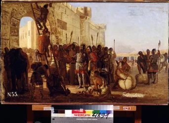 El príncipe Oleg tiene su escudo fijado a las puertas de Constantinopla. (Igor de kyiv, Príncipe Varangian soberano de kyiv de 912 a 945). Pintura de Nikolai Kornilovich Bodarevsky (1850-1921). hui
