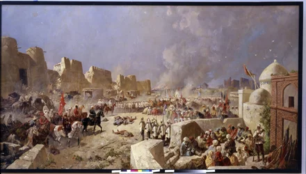 El ejército ruso invadió Samarcanda (Uzbekistán). Durante el periodo de expansión rusa en Asia Central, los rusos tomaron Samarcanda en 1868. Pintura de Nikolai Nikolayevich Karasin (1842-1908), óleo sobre lienzo 1888. Arte