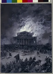 El incendio del Teatro Bolshoi en Moscú (Rusia), 11 de marzo de 1853 (Movimiento de la multitud frente al edificio y la llegada de los bomberos) - Obra de Nikolai Nikolayevich Karasin (1842-1908), gouache sobre papel - Arte ruso, segunda mitad del siglo XI