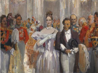 Aleksandr Pushkin con su esposa en el baile