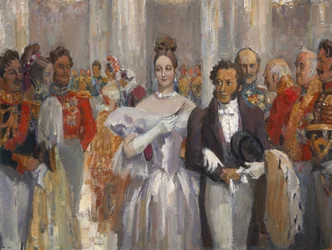 Alexander Pushkin con su esposa en el baile