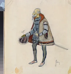 Costume preparatoire, le baron avare, pour la piece de theatre "Le chevalier avare" de Alexandre Pouchkine (1799-1837) (Diseño de vestuario para la obra de teatro El Caballero Avaro de A Pushkin) - Oeuvre de Nikolai Pavlovich Ulyanov (Oulianov) (1875-1949)