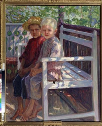Los niños. Dos niños, uno con el pelo rubio, el otro con el pelo castaño, sentados descalzos en un banco al sol. Pintura de Nikolai Petrovich Bogdanov Belsky (Bogdanov-Belski) (1868-1945). Óleo sobre lienzo