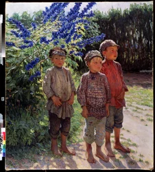 Garcons paysans (Campesinos). Peinture de Nikolai Petrovich Bogdanov Belsky (Bogdanov-Belski) (1868-1945). Huile sur toile