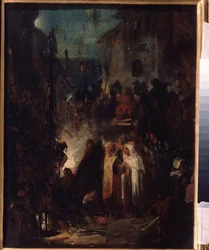 Autodafe (Autodafe). Escena callejera, de noche, tras el juicio del tribunal de la Inquisición, la multitud y los eclesiásticos se reúnen alrededor del infierno. Obra de Nikolai Petrovich Lomtev (1816-1859), óleo sobre tabla. Arte ruso