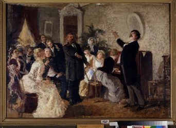 Dúo (Cantantes dando un concierto en un salón privado). Pintura de Nikolai Petrovich Zagorsky (1849-1893), óleo sobre lienzo. Arte ruso