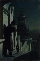 Strelets en la torre del Kremlin de Moscú en noche de luna, años 1890