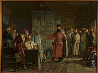 La disputa de Zakhary Petrovich Lyapunov con el zar Vasili Shuisky en el Kremlin
