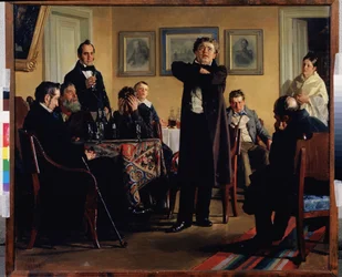 El actor Pavel Mochalov (1808-1848) rodea a sus admiradores. (El actor P. Mochalov entre sus fans). Considerado el mayor trágico de la Rusia romántica, interpreta un papel en un salón privado, los espectadores atentos y conmovidos por la emoción.