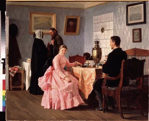 El casamentero. Reunión organizada en torno a una taza de té, para la organización de la boda de una pareja joven. Pintura de Nikolai Vasilyevich Nevrev (1830-1904), óleo sobre lienzo