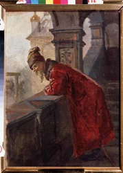 Un boyardo (boiard, boiar) con traje tradicional a fines del siglo XVI y principios del siglo XVII Rusia (Boyar on the Porch) - Pintura de Nikolai Vasilyevich Nevrev (1830-1904) - Óleo sobre lienzo - Museo de Arte Estatal Regional I Pozhalostin, Ryazan