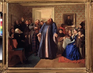 Un protodiácono en la Fiesta del Día del Nombre del Comerciante. Pintura de Nikolai Vasilyevich Nevrev (1830-1904), óleo sobre lienzo, alrededor de 1860. Arte ruso del siglo XIX. Galería Estatal Tretyakov, Moscú