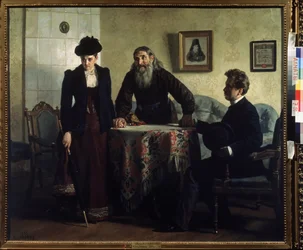 Una protesta (una amonestación). Una pareja en crisis matrimonial visita a un sacerdote ortodoxo y recibe una lección de conducta moral. Pintura de Nikolai Vasilyevich Nevrev (1830-1904), óleo sobre lienzo