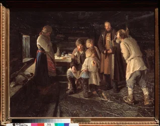 La liquidación de impuestos (Los padres están agobiados, otro hombre se queja al recaudador, los niños le miran con recelo) - La liquidación de impuestos - Pintura de Nikolai Vasilievich Orlow (1863-1924), óleo sobre lienzo