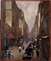 Rue Saint Denis a Paris (Calle Saint Denis en París). Pintura de Nikolai Vasilyevich Dosekin (1863-1935). Huile sur toile, 81,5 x 67,5 cm