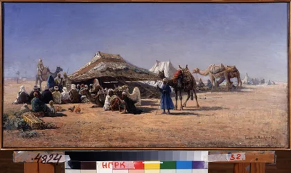 El Cairo (Egipto) (Cairo). Escena de un campamento de caravanas en el desierto, la ciudad al fondo. Pintura de Nikolai Yegorovich Makovsky (1842-1886), óleo sobre lienzo