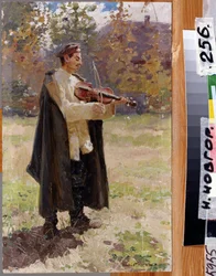 Canción de la casa. Soldado tocando el violín. (Canción casera. Soldado tocando el violín). Pintura de Nikolai Alexeyevich Kasatkin (Kasatkin) (1859-1930), óleo sobre lienzo