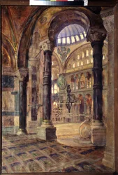 Hagia Sophia (Hagia Sophia) en Constantinopla (Estambul, Turquía) (Hagia Sophia en Constantinopla). Vista interior de la mezquita, arquitectura bizantina. Pintura de Nikolai Alexeyevich Kasatkin (Kasatkine) (1859-1930), óleo sobre lienzo, finales del siglo