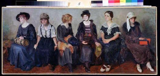 Compañía de teatro (Compañía de teatro). Retratos de seis mujeres jóvenes sentadas una al lado de la otra, con diversas expresiones. Pintura de Nikolai Alexeyevich Kasatkin (Kasatkin) (1859-1930), óleo sobre lienzo