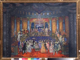 Pelota. (Noche de sociedad aristocrática en un palacio ruso). Obra de Nikolai Nikolayevich Sapunov (Sapunov) (1880-1912), témpera sobre cartón