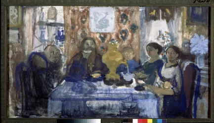 Beber té. Una familia reunida alrededor de una mesa con un samovar en el centro. Obra de Nikolai Nikolayevich Sapunov (Sapunov) (1880-1912), témpera sobre cartón