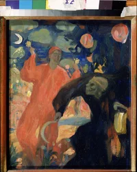En memoria de Nikolai Sapunov (Sapunov) (1880-1912) La muerte personificada se inclina y huye ante una figura sonriente de la vida, agitando maracas. Obra de Nicholas (Nikolai) Dimitrievich Millioti (1874-1962), óleo sobre cartón