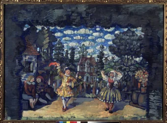 Hotel en el Toro Verde. Decoración preparatoria para la obra ""Dutchwoman Lisa"" de Mikhail Kouzmine (1875-1936). Obra de Nikolai Nikolayevich Sapunov (Sapunov) (1880-1912), témpera sobre cartón