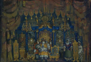 Habitación de Jourdain. Diseño de escenario para la obra de teatro Un Burgués como Noble por J.-B. Molière, 1911