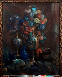 Nature morte (Jarrones, flores y frutas) - Naturaleza muerta (Jarrones, flores y frutas) - Obra de arte de Nikolai Nikolayevich Sapunov (Sapunov) (1880-1912), témpera sobre lienzo