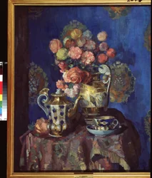 Naturaleza muerta con flores. Obra de Nikolai Nikolayevich Sapunov (Sapunov) (1880-1912), témpera y pastel sobre cartón. Arte ruso de principios del siglo XX, arte moderno. Museo Estatal Ruso, San Petersburgo.