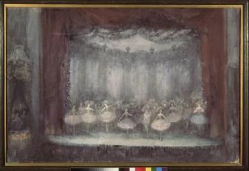 un ballet (Escena de teatro con bailarinas en tutú). Obra de Nikolai Nikolayevich Sapunov (Sapunov) (1880-1912), témpera, tiza, plata y bronce sobre cartón
