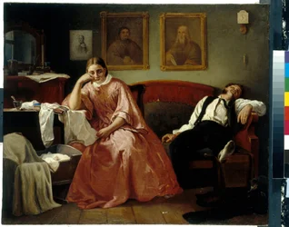 El primero del mes (escena de la vida familiar, una pareja joven y cansada que se lamenta junto a la cuna de su bebé) - Pintura de Nikolai Andreyevich Koshelev (1840-1918), óleo sobre lienzo (61,4x73,6 cm) - Galería Estatal Tretiakov, Moscú