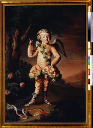 Retrato de Ivan Yakimov en Cupidon (Retrato de Ivan Yakimov con Cupido). Pintura de Nikolai Ivanovich Argunov (Argounov) (1771-abril de 1829). Huile señor toile