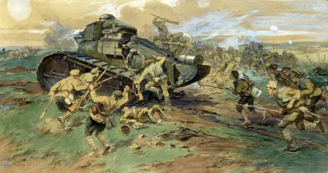 La captura de un tanque en Crimea. Escena de la batalla durante la Guerra Civil Rusa (1917-1923), entre el Ejército Blanco y los Guardias Rojos. Obra de Nikolai Semiónovich Samokish (1860-1944), acuarela sobre papel