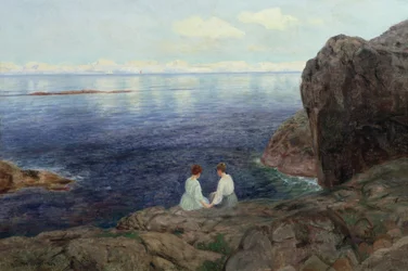 Tranquila tarde de verano en la costa noruega (óleo sobre lienzo)