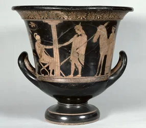 Kalyx krater de figuras rojas ático que representa un hoplita regresando de la guerra
