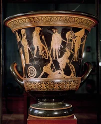 Cáliz ático de figuras rojas que representa a Hércules con una corona de laurel con Atenea y otros héroes griegos, c.450 a.C. (cerámica)