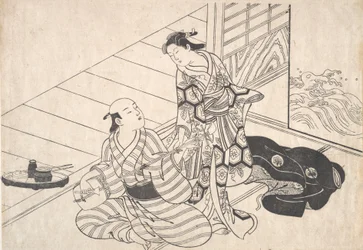 Dama Interrumpiendo a su Amante, quien está Tocando el Shamisen