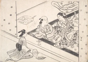 Dama tocando el shamisen, con su amante y asistente cerca