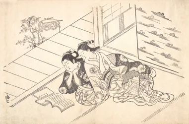 Dos mujeres reclinadas en el suelo de una habitación leyendo un libro, ca. 1730