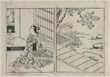 Mujer mirando un pergamino colgante, c. 1740s