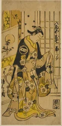 El actor Segawa Kikujiro I como Oshichi en la obra "Shochikubai Kongen Soga," representada en el Teatro Ichimura en el tercer mes, 1732