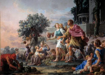 Liberalidad de Cimón el Ateniense invitando al pueblo a tomar los frutos de su jardín. Pintura de Noël Hallé (1711-1781)