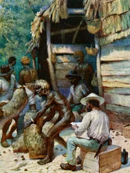 Un comerciante de la Isla del Mar del Sur y sus sacos de nueces de marfil, 1908